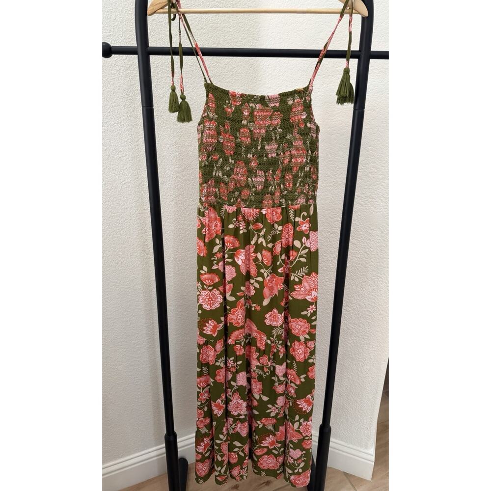 Patrons of Peace NEW Orange and Olive Floral Ruched Top Maxi Dress, Med